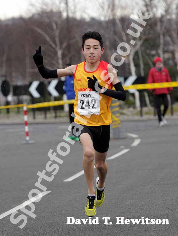 Markhim Lonsdale (Crook) winning the under-15 boys Elswick Road Relays.